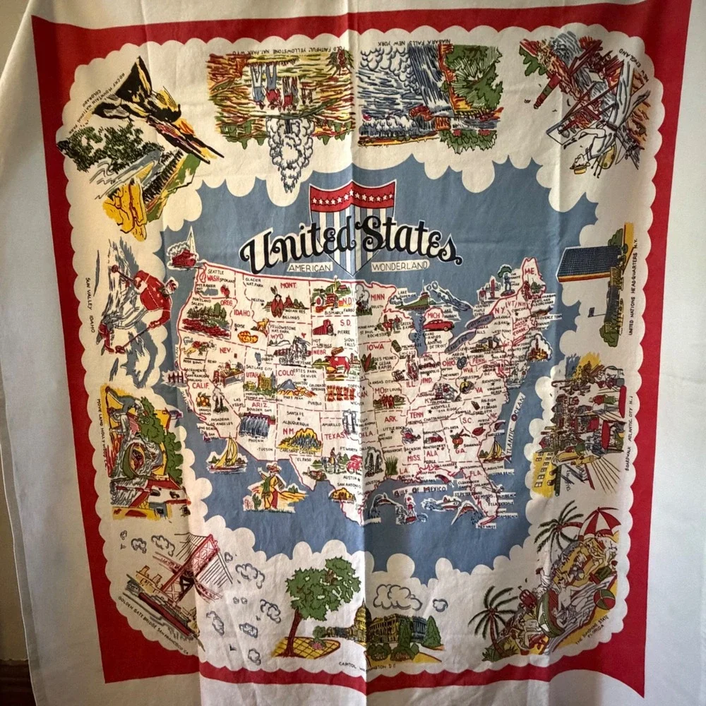 Moda Home US American Wonderland Map Tablecloth 100% Cotton 52x48 Retro Travel